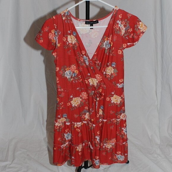 Derek Heart Womens Large Midi Dress Floral Dark Pink Pull string waist Soft EUC - Picture 1 of 5